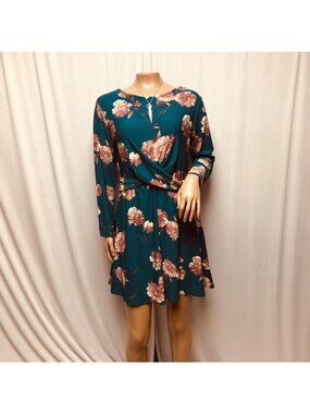Lily Rose Dress Womens Size Large Teal Mauve Floral Short Stretch Long Sleeve